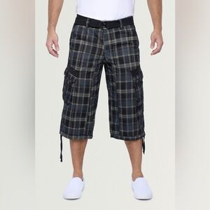 XRAY Jeans Mens Long Cargo Shorts With Draw Cord Black Plaid size 46